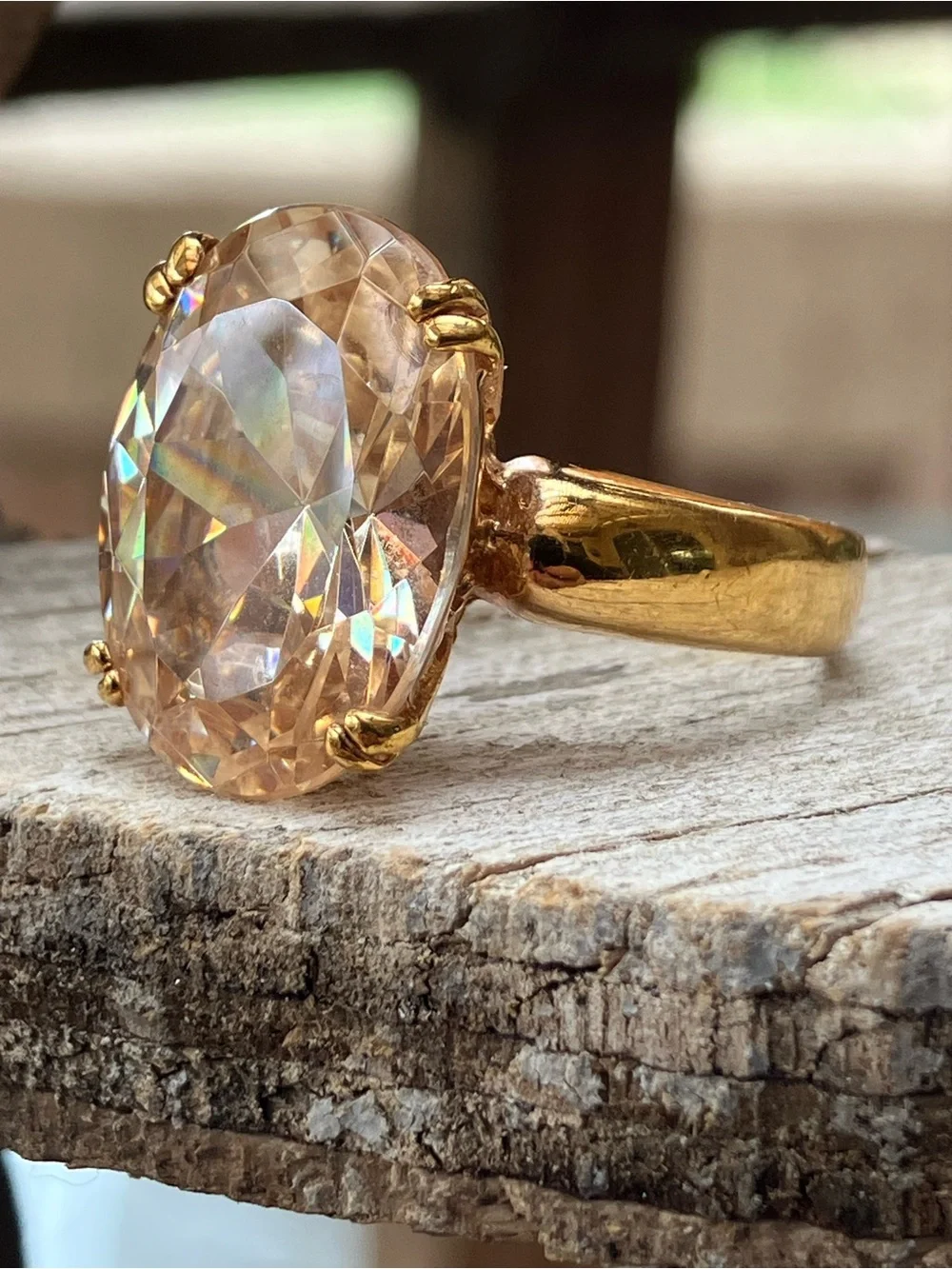 LARGE Champagne CZ Cocktail Solitaire Ring Gold Plated